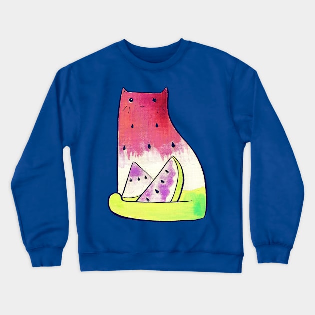 Watermelon Watercolor Cat Crewneck Sweatshirt by saradaboru